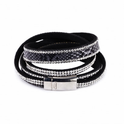 White Swarovski Crystal Elements 2 rows Bracelet and Black leather 