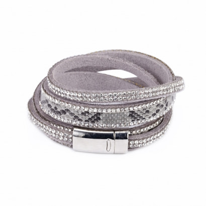 White Swarovski Crystal Elements 2 rows Bracelet and Grey leather 