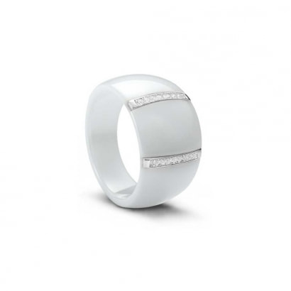Silver, White Ceramic and White Cubic Zirconia Ring