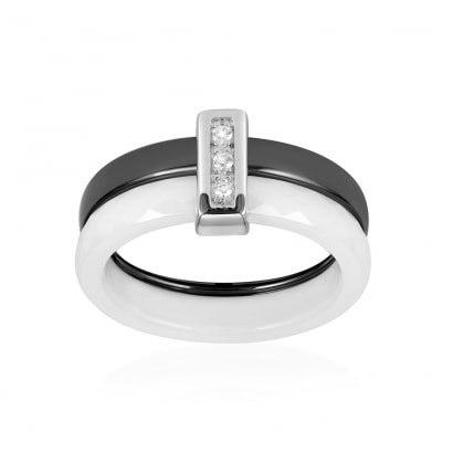 Silver, Black and White Ceramic and White Cubic Zirconia Ring