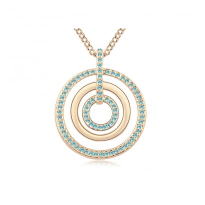 Blue Crystal Swarovski Element Circles Long Necklace and Yellow Gold Plated