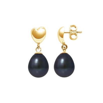 Black Freshwater Pearls Hearts Dangling Earrings and yellow gold 375/1000