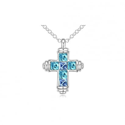White Gold Plated Cross Pendant with Blue Swarovski Element Crystal 