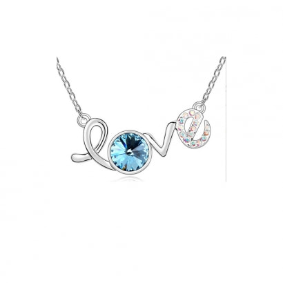 White Gold Plated Love Necklace and Blue Swarovski Element Crystal 
