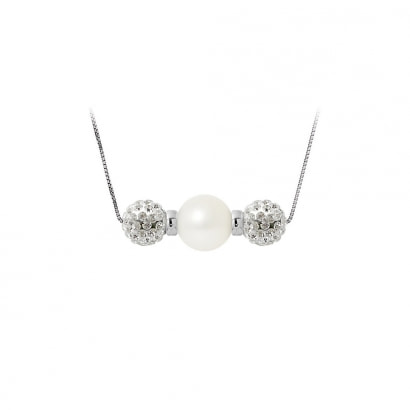 White cultured pearl necklace, crystal and 925 silver