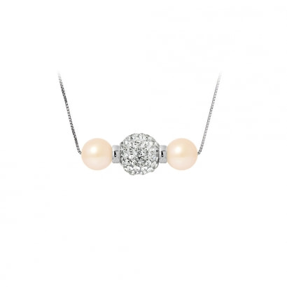 Collar de perlas cultivadas Rosa , cristal y plata 925.