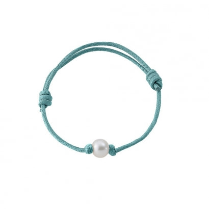 Bracelet Perle de culture Blanche et Coton Ciré Turquoise