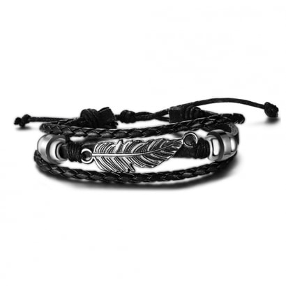 Black Multi Row Leather and Stainless Steel Feather Man Bracelet 