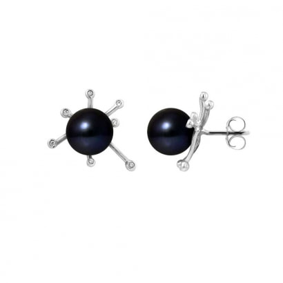 Boucles d'Oreilles Perles de Culture Noires, Diamants 0.14 cts et Or Blanc 750/1000