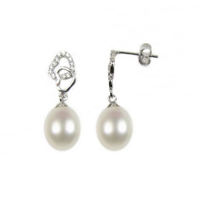 Boucles d'Oreilles Pendantes Coeur en Perles de Culture Blanches et Argent 925/1000