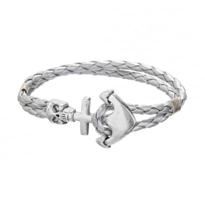 Silver Braided Leather Anchor and Skull Stainless Steel Man Bracelet 