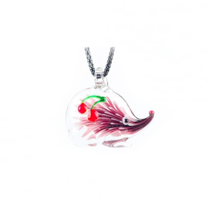 Dark Red Hedgehog and Cherry Murano Glass Pendant 