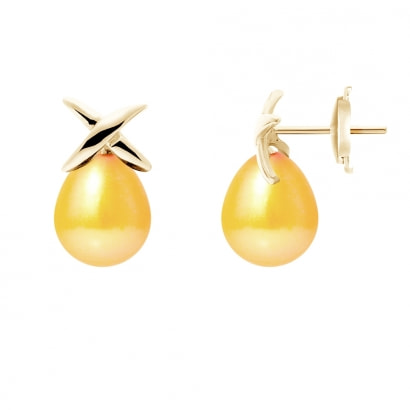 Boucles d'Oreilles Perles de Culture Dorées et or jaune 750/1000 1,9 gr