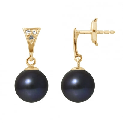 Black Freshwater Pearl Diamond Earrings and yellow gold 750/1000