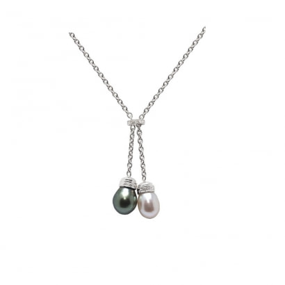 White and Black Freshwater and Tahiti Pearls, Diamonds Necklace and White Gold 750/1000