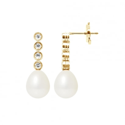 Boucles d'Oreilles Perles de Culture Blanches, Diamants et Or Jaune 750/1000