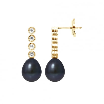 Black Freshwater Pearls, 0.24 cts Diamonds Earrings and yellow gold 750/1000 3,1 gr