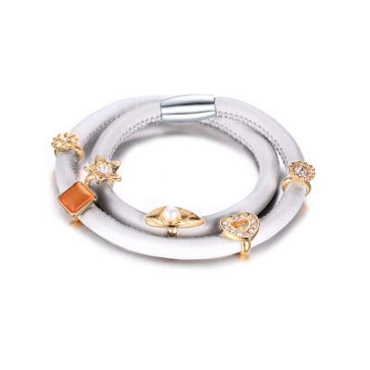 Armband Doppelt Reihe-Charme-Weiss Leder und Beads