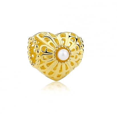 Golden Heart Carved Charms Bead and White Pearls