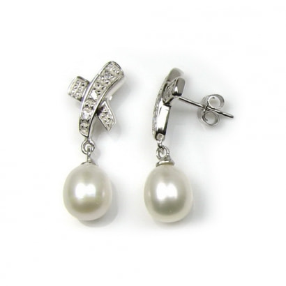 White Freshwater Pearls Cross Dangling Earrings and Silver Mounting