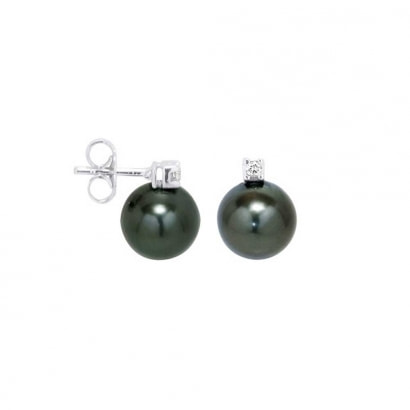 Boucles d'Oreilles Perles de Tahiti, Diamants 0.04 cts et Or Blanc 750/1000