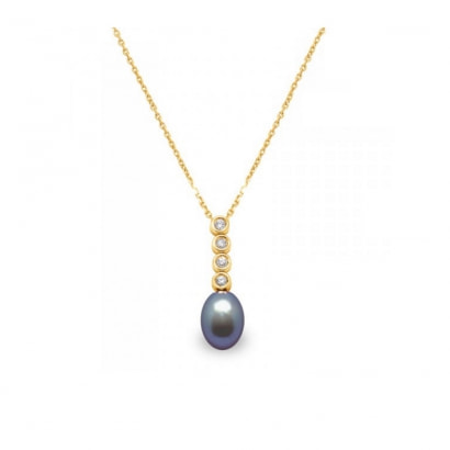 Black Freshwater Pearl and Diamonds Pendant and Yellow Gold 750/1000