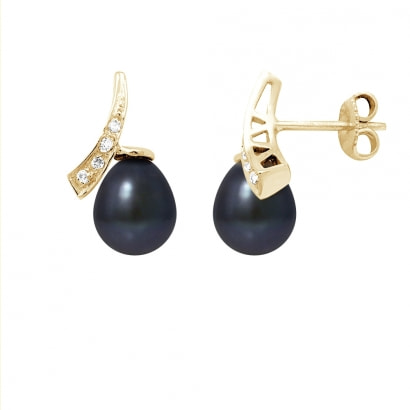 Boucles d'Oreilles Perles de Culture Noires, Diamants et Or Jaune 750/1000 3,6 gr