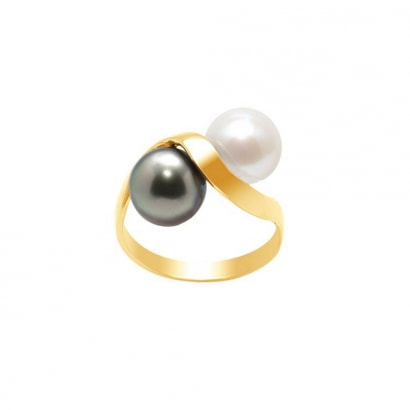 White Pearl and Black Tahitian Pearl Ring and Yellow Gold 750/1000