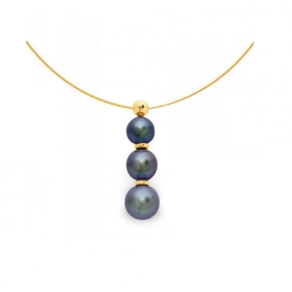 3 Black Freshwater Pearls Cable Necklace and Yellow Gold 750/1000