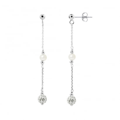 White Cultured Pearls, White Crystal and 925 Silver Dangling Earrings