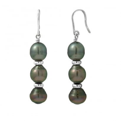 3 Black Tahitian Pearls Dangling Earrings and Silver 925/1000