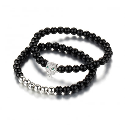 Black Onyx Natural Gemstones Stretch Double Bracelet and Panther Silver Head