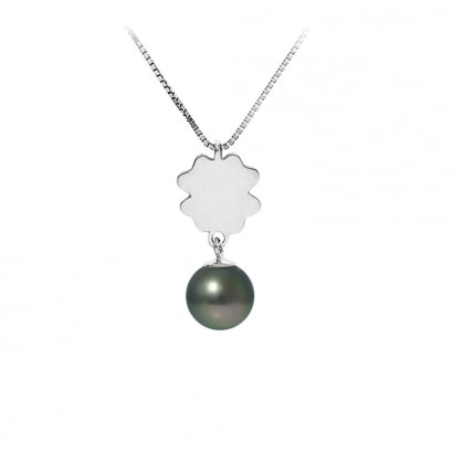 Black Tahitian Pearl and Clover Pendant Necklace and Sterling Silver 925
