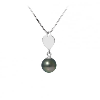 Black Tahitian Pearl and Heart Pendant Necklace and Sterling Silver 925