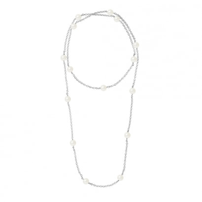 Long Collier 100 cm en Argent 925 et Perles de culture Blanches