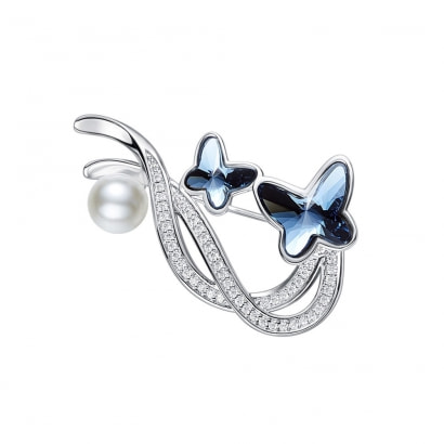 Broche Papillon Perle et Cristal de Swarovski Bleu