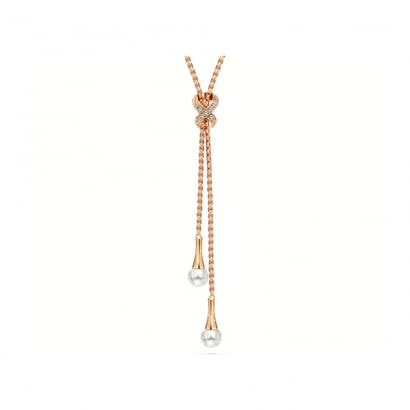 White Swarovski Elements Crystal and double Pearls Necklace and Rose Gold Plated