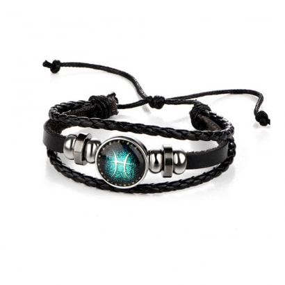 Black Multi Row Leather Pisces Man Bracelet and Stainless Steel