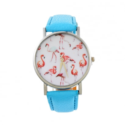 Reloj de moda de Flamante Rosa y pulsera de cuero Azul 