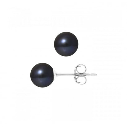 Boucles d'Oreilles Perles de Culture Noires 7.5 mm et or Blanc 750/1000