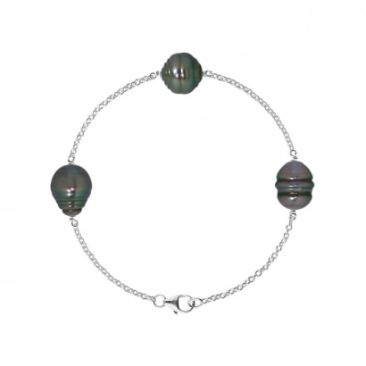 Bracelet 3 Perles de Tahiti Cerclées de 9 mm en Argent 925/1000