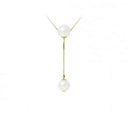 8-9 mm 2 Perlen Halskette mit Weissen Zuchtperlen und 750/1000 Gelbgold
