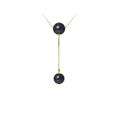 8-9 mm 2 Perlen Halskette mit Schwarzen Zuchtperlen und 750/1000 Gelbgold