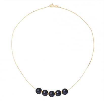 8 mm 5 Perlen Halskette mit Schwarze Zuchtperlen und 750/1000 Gelbgold