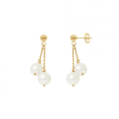 Boucles d'Oreilles Pendantes Double Perles de Culture Blanches et or jaune 750/1000