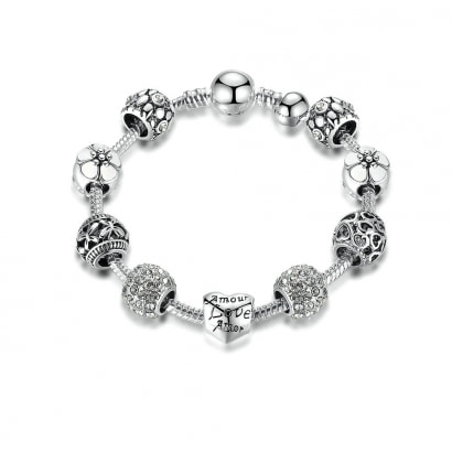 Bracelet Charm's Coeur et Cristal de Swarovski Gris