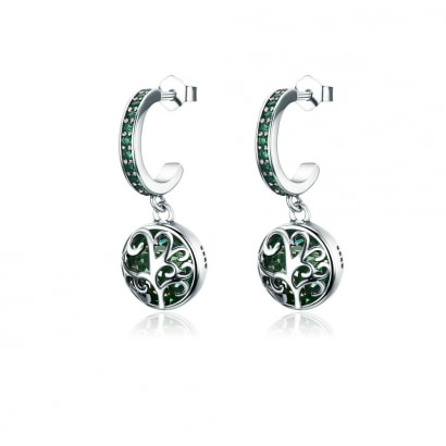 Boucles d'oreilles Arbre de Vie orné de Cristal de Swarovski Vert et Argent 925