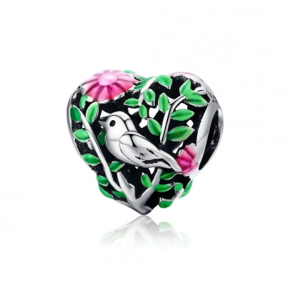 925 Sterling Silver and Enamel Bird and forest Bead 