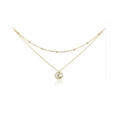 Sun and Moon Pendant Necklace with White Swarovski Crystal and Yellow Gold Plated
