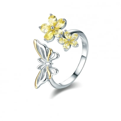 Anillo ajustable mariposa y Flor con cristal Swarovski amarillo y plata 925